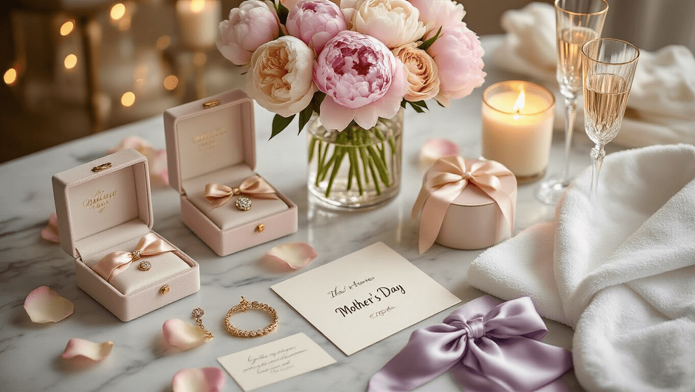 Cinematic overhead view of an elegant Mother's Day gift arrangement on a polished marble surface, featuring peonies and roses, personalized jewelry boxes, luxury spa sets, candles, plush bathrobes, handwritten cards, champagne flutes, and rose petals, creating a warm and inviting celebration of motherhood.