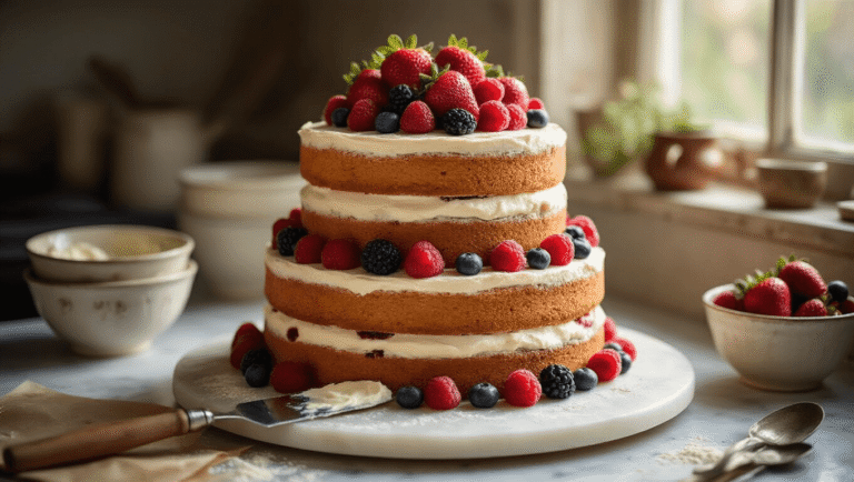 Cinematic close-up of a rustic naked wedding cake with fresh berries on a marble turntable, featuring golden sponge layers, creamy mascarpone frosting, and a cozy kitchen backdrop.