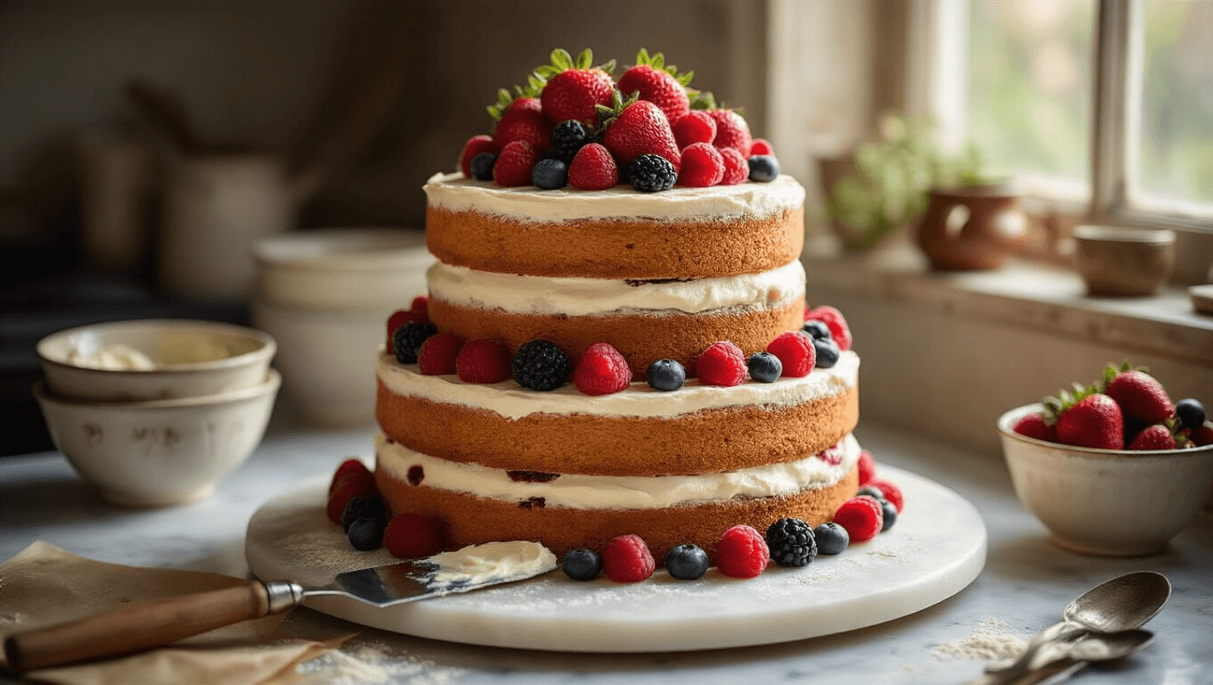 Cinematic close-up of a rustic naked wedding cake with fresh berries on a marble turntable, featuring golden sponge layers, creamy mascarpone frosting, and a cozy kitchen backdrop.