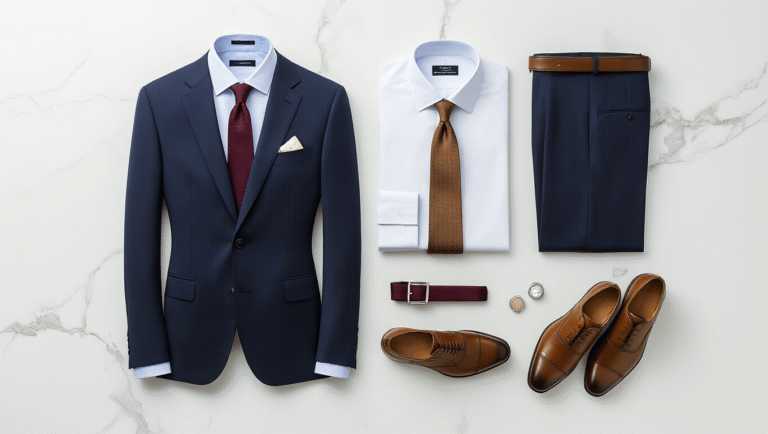 Luxurious flat lay of a tailored slim-fit navy wool suit jacket and trousers on a white marble surface, accompanied by dress shirts, silk ties, leather shoes, and accessories, portraying sophistication and timeless style.