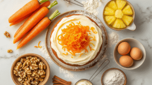 Cinematic overhead shot of a rustic marble countertop featuring grated orange carrots, creamy frosting swirls, pineapple chunks, chopped walnuts, and flour dusting, all beautifully arranged in a warm, cozy kitchen with vintage utensils and a rich amber and cream color palette.