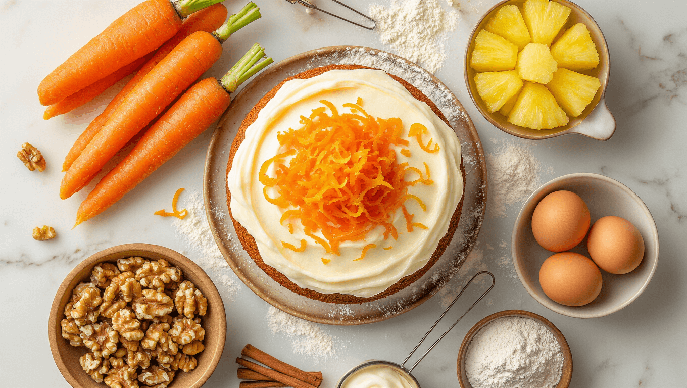 Cinematic overhead shot of a rustic marble countertop featuring grated orange carrots, creamy frosting swirls, pineapple chunks, chopped walnuts, and flour dusting, all beautifully arranged in a warm, cozy kitchen with vintage utensils and a rich amber and cream color palette.