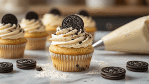 Decadent Oreo-packed cupcakes with crushed cookies and swirled buttercream frosting on a weathered marble countertop, warm honey lighting creating a cozy atmosphere.