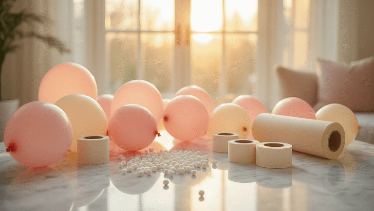 Cinematic close-up of a beautifully arranged party preparation scene featuring blush pink and cream balloons on a marble table, with glittering glue dots and rolls of tape, illuminated by warm golden hour sunlight.