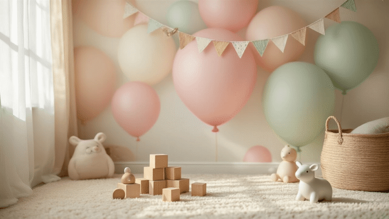 Cinematic close-up of a dreamy children's nursery with soft pastel balloon wallpaper in blush pink, sage green, and cream, featuring visible peel-and-stick installation, scattered wooden toy blocks on a plush cream carpet, delicate ceramic animal figurines, handmade vintage-style bunting, and warm golden hour sunlight creating a cozy atmosphere.