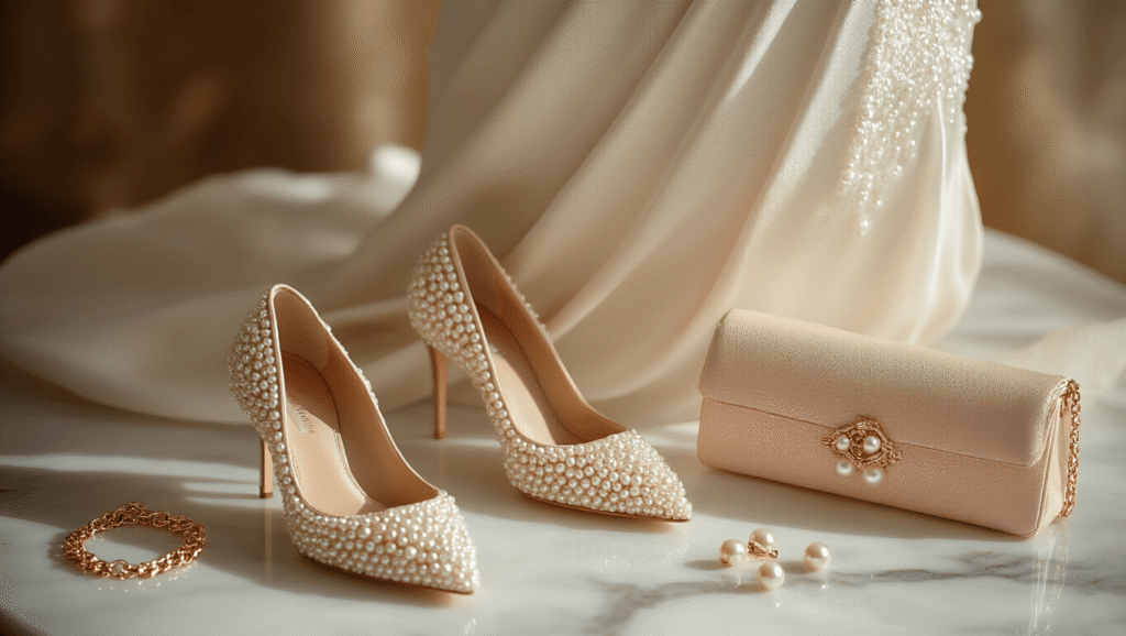 Photorealistic close-up of an ivory pearl-embellished sheath dress on white marble, accented by delicate rose gold accessories, including a bracelet, nude pumps, a blush clutch, and pearl stud earrings, with warm golden hour lighting enhancing rich textures and elegance.
