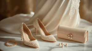 Photorealistic close-up of an ivory pearl-embellished sheath dress on white marble, accented by delicate rose gold accessories, including a bracelet, nude pumps, a blush clutch, and pearl stud earrings, with warm golden hour lighting enhancing rich textures and elegance.