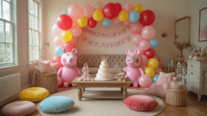 A cozy living room transformed into a Peppa Pig-themed party, featuring vibrant mylar balloons, a tiered birthday cake, pastel decorations, theme banners, plush cushions, and fairy lights illuminating the scene.