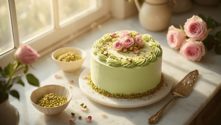 An elegant pistachio rose cake adorned with silky pale green buttercream, crystallized rose petals, and crushed pistachios, presented on a marble countertop with warm golden hour lighting, accompanied by a vintage cake server and warm cream ceramic bowls, all enhancing the inviting atmosphere.