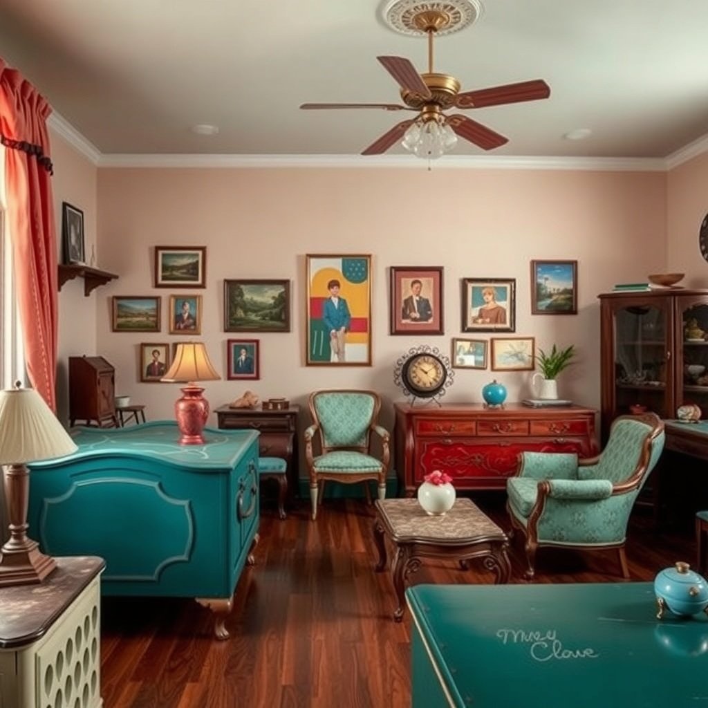 A vintage-inspired wedding night room with peach walls, wooden floors, and a mix of turquoise and red furniture.