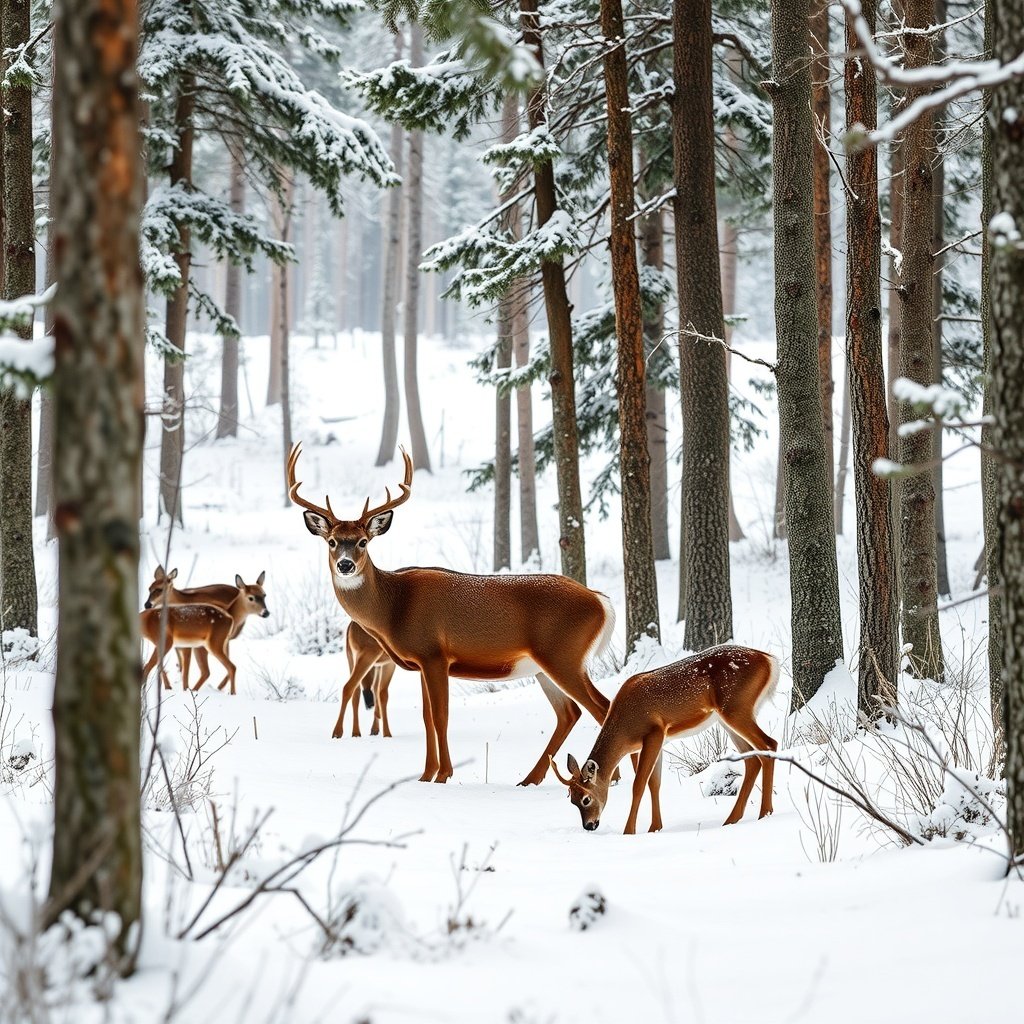 A serene winter scene featuring deer in a snowy forest