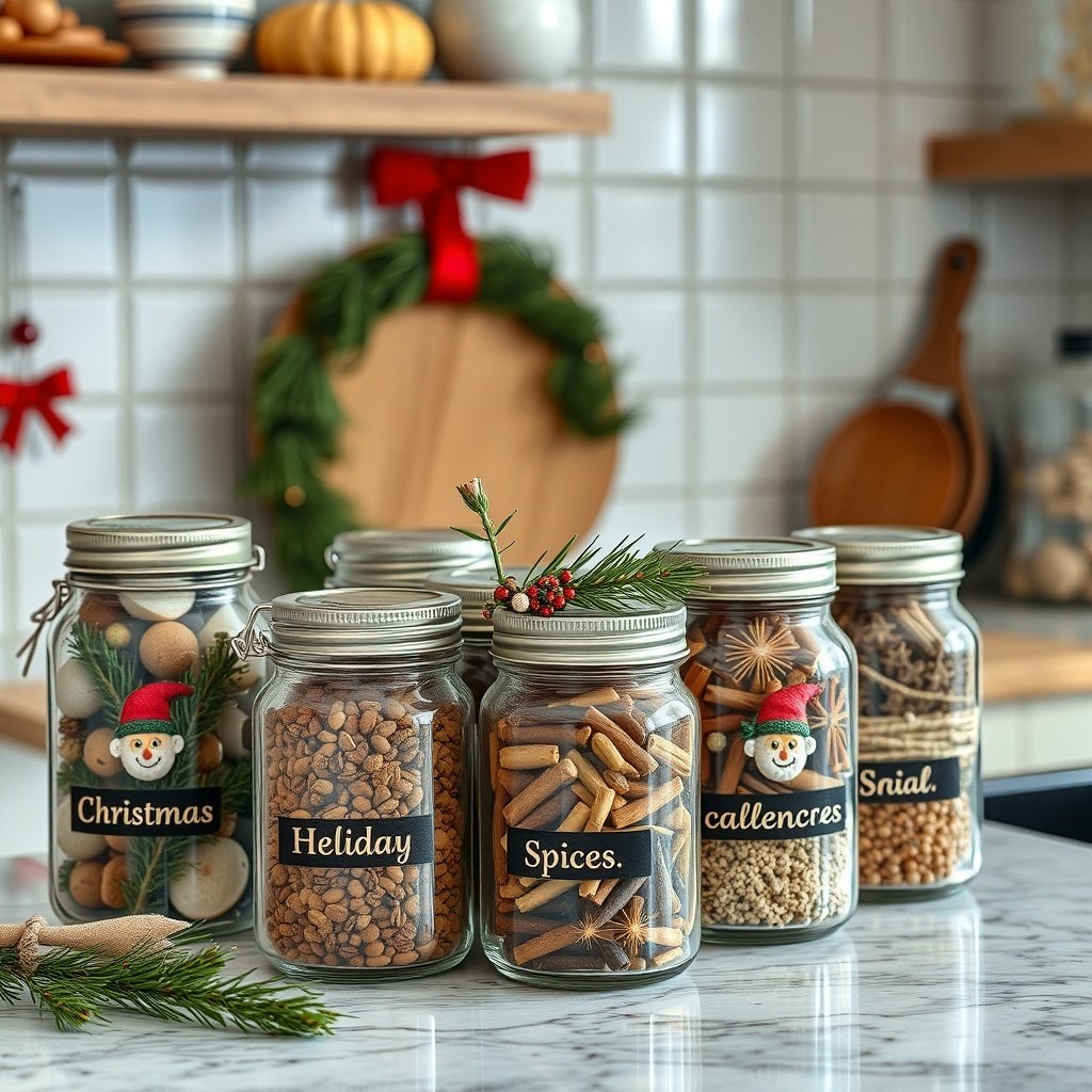 A collection of decorated spice jars labeled for Christmas and holiday use, displayed on a kitchen counter.