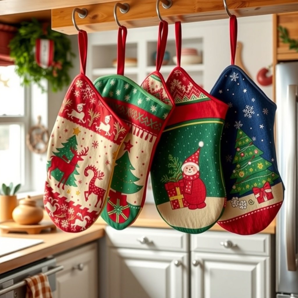 Colorful holiday-themed oven mitts hanging in a kitchen