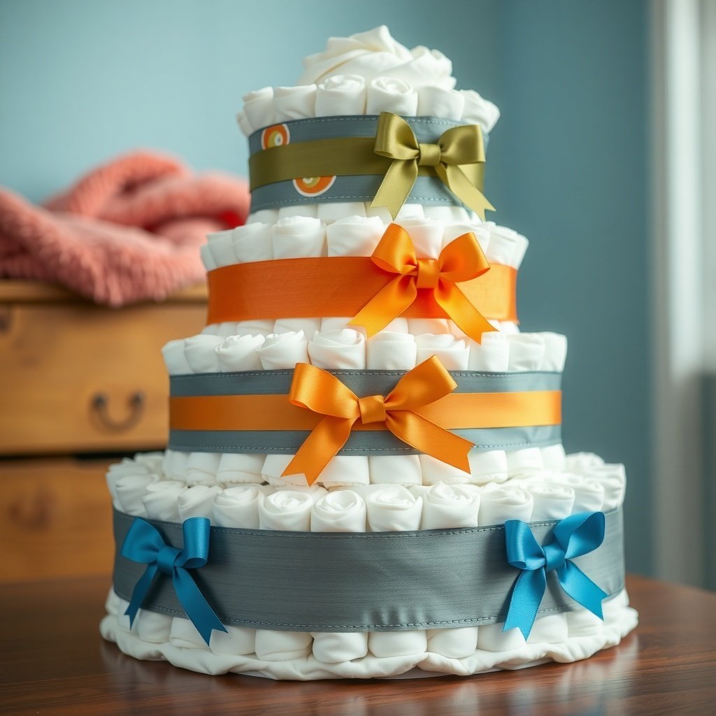 A beautifully crafted Christmas diaper cake with layers of white diapers and colorful ribbons.
