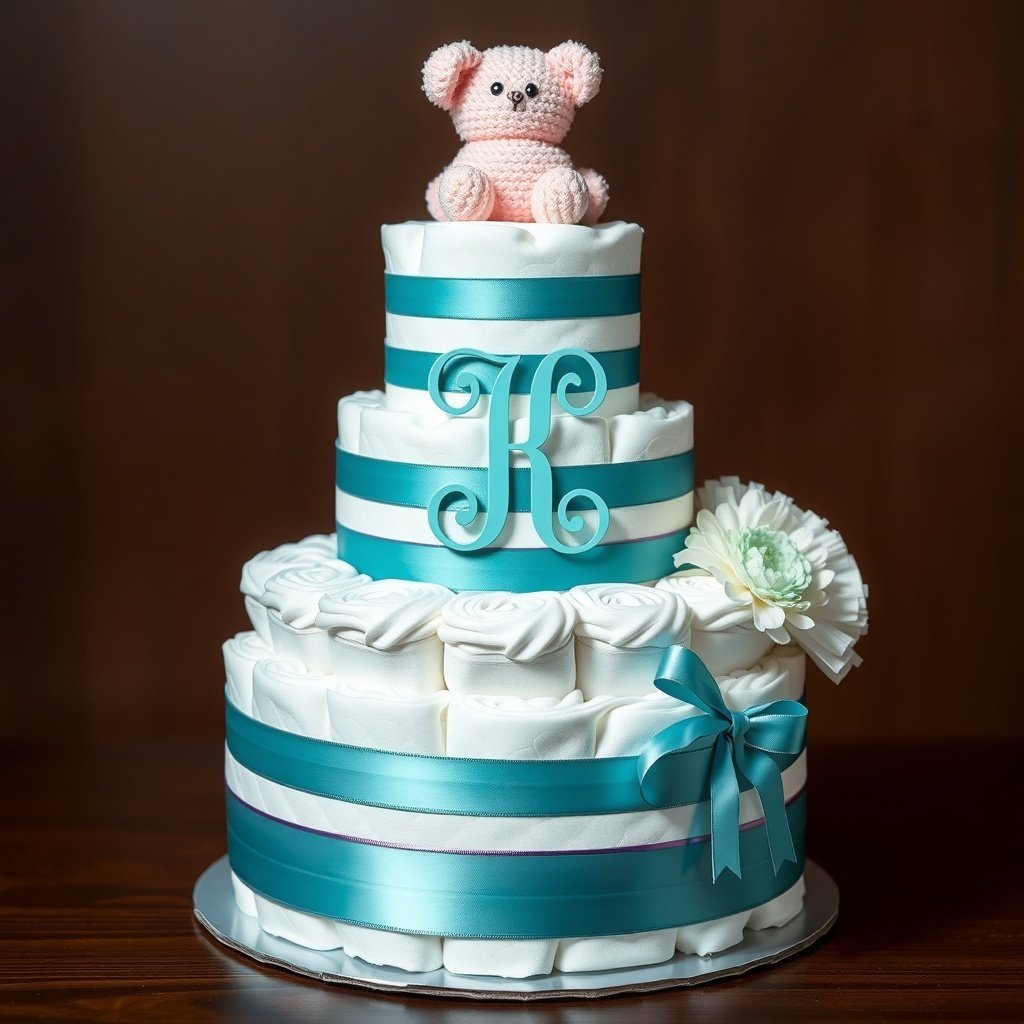 A three-tiered diaper cake with teal ribbons and a monogrammed 'K', topped with a pink teddy bear.