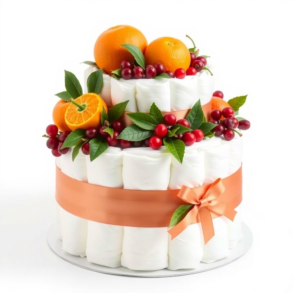 A Christmas diaper cake decorated with oranges, cranberries, and green leaves.