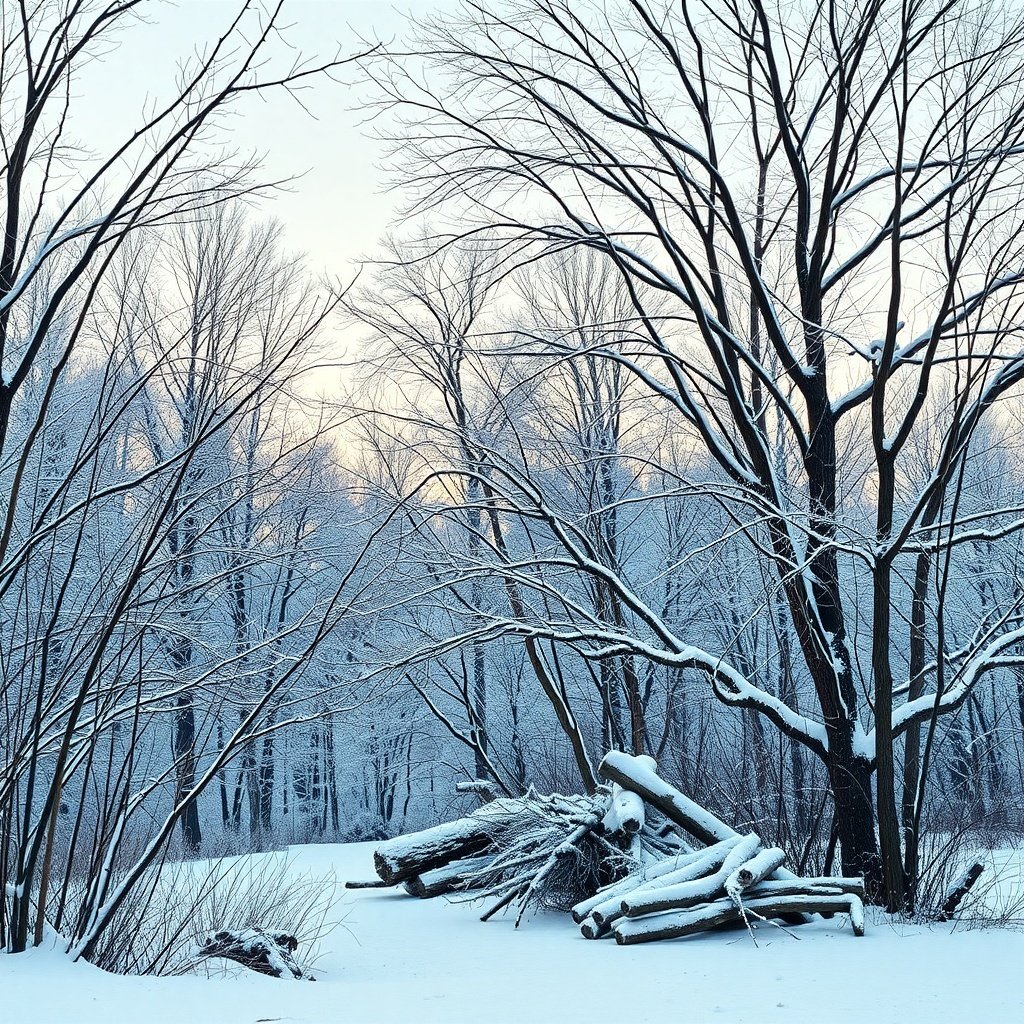 A snowy winter landscape with bare trees and fallen logs.