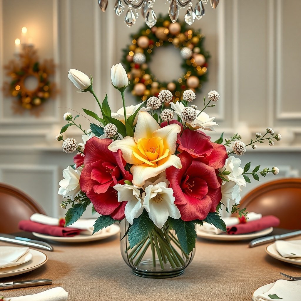 A beautiful silk flower centerpiece featuring red, white, and yellow flowers in a clear vase, set on a Christmas-themed table.