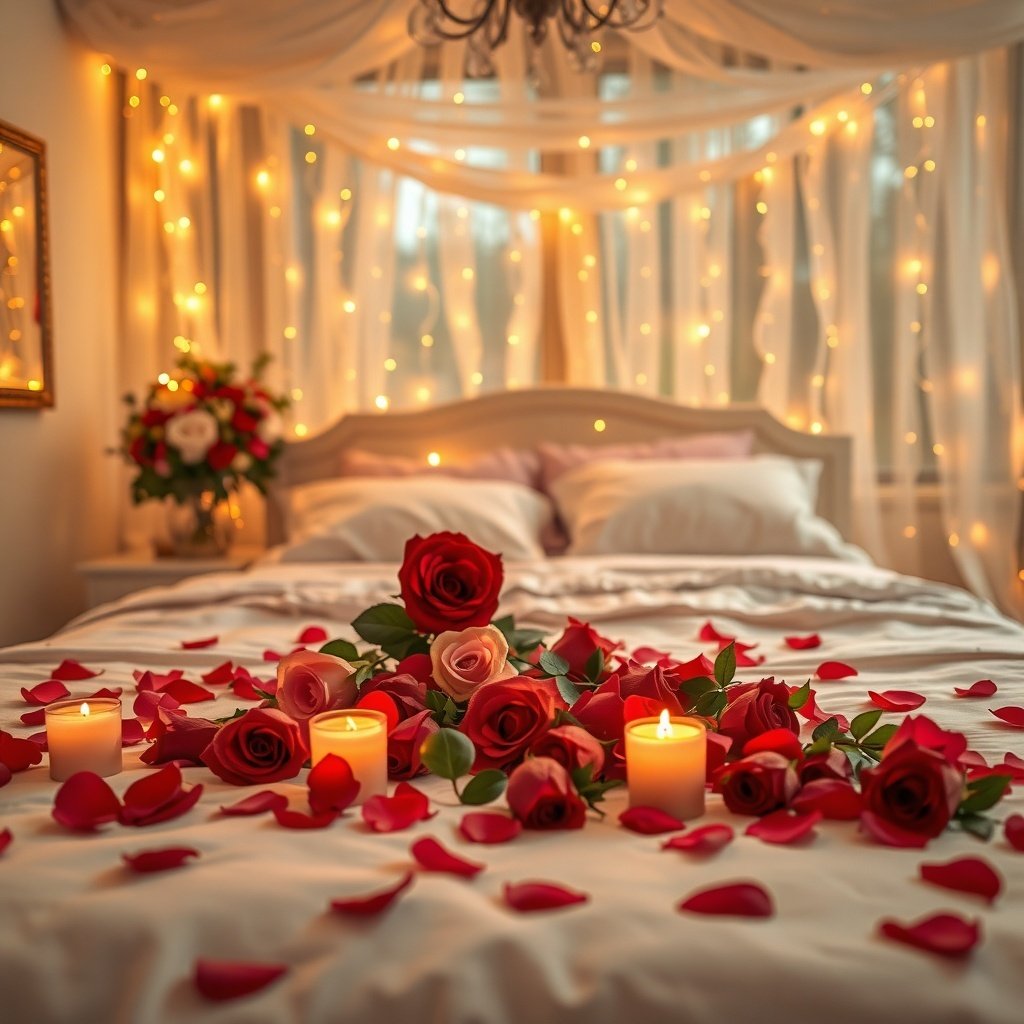 A beautifully decorated wedding night room featuring candles, rose petals, and soft lighting.