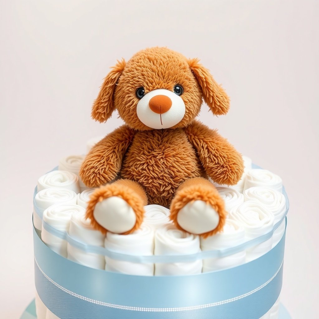 A cute teddy bear sitting on a Christmas diaper cake made of rolled diapers.