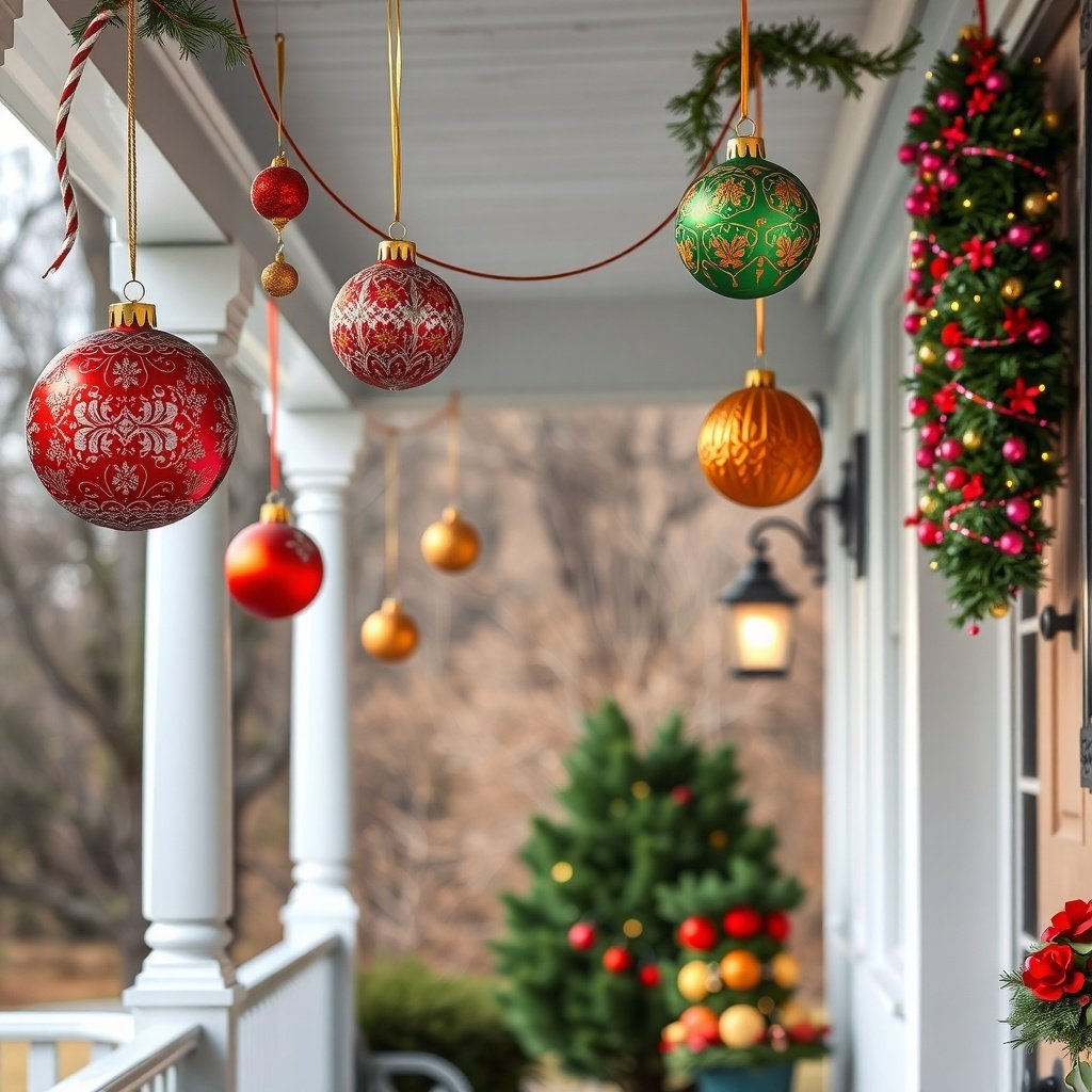 Colorful Christmas ornaments hanging from porch beams with a decorated Christmas tree in the background.