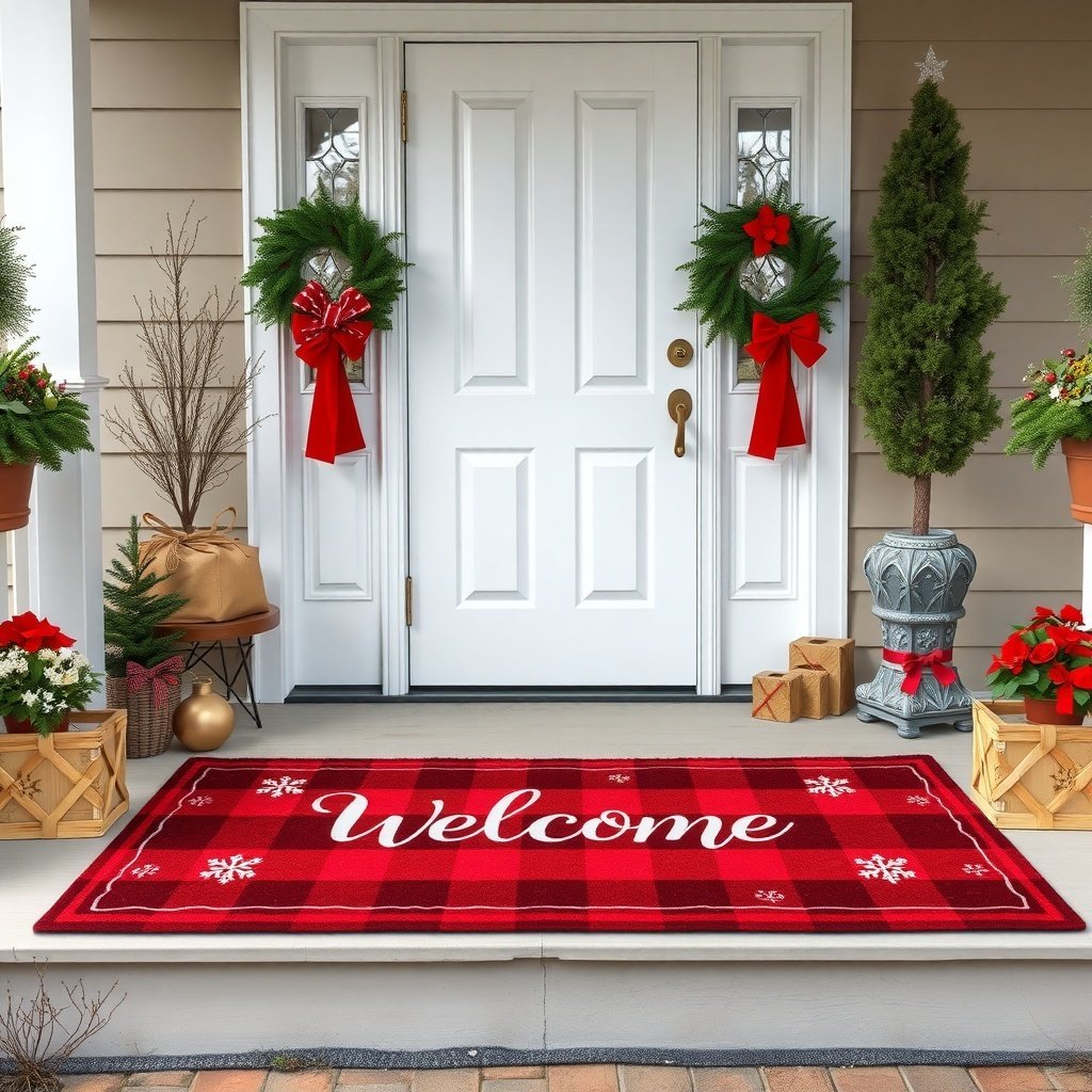 A welcoming Christmas porch with a red checkered rug that says 'Welcome', surrounded by festive decorations.