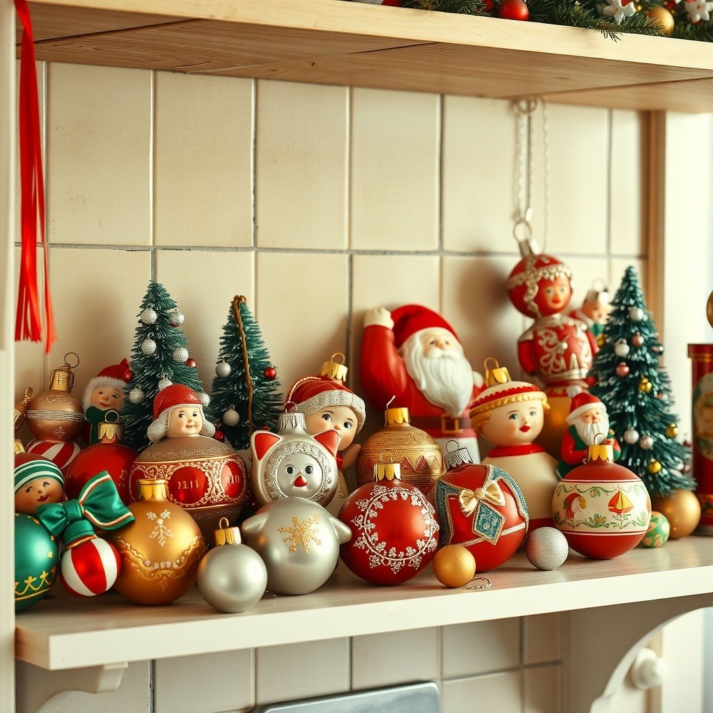 A collection of vintage Christmas ornaments on a shelf, featuring Santa figures, colorful baubles, and small Christmas trees.