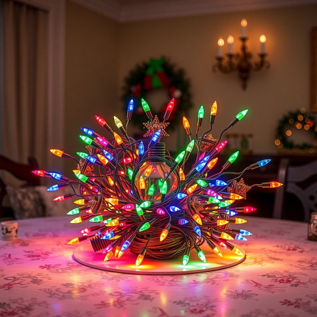 A festive centerpiece made of colorful Christmas lights on a dining table.