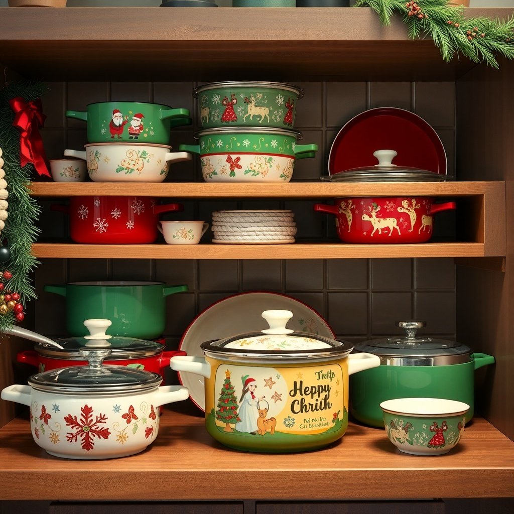 Colorful holiday-themed cookware displayed on a wooden shelf, featuring festive designs and colors.