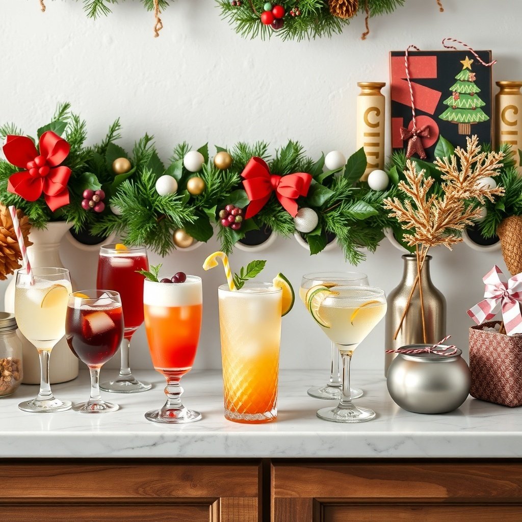 A beautifully arranged festive beverage station with various colorful drinks and Christmas decorations.