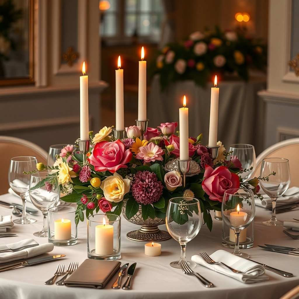 A beautifully arranged wedding table centerpiece with flowers and candles.