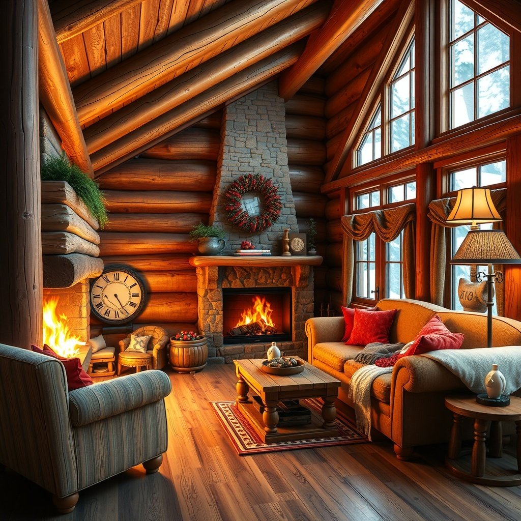 Cozy ski lodge interior with a fireplace, wooden beams, and festive decorations.