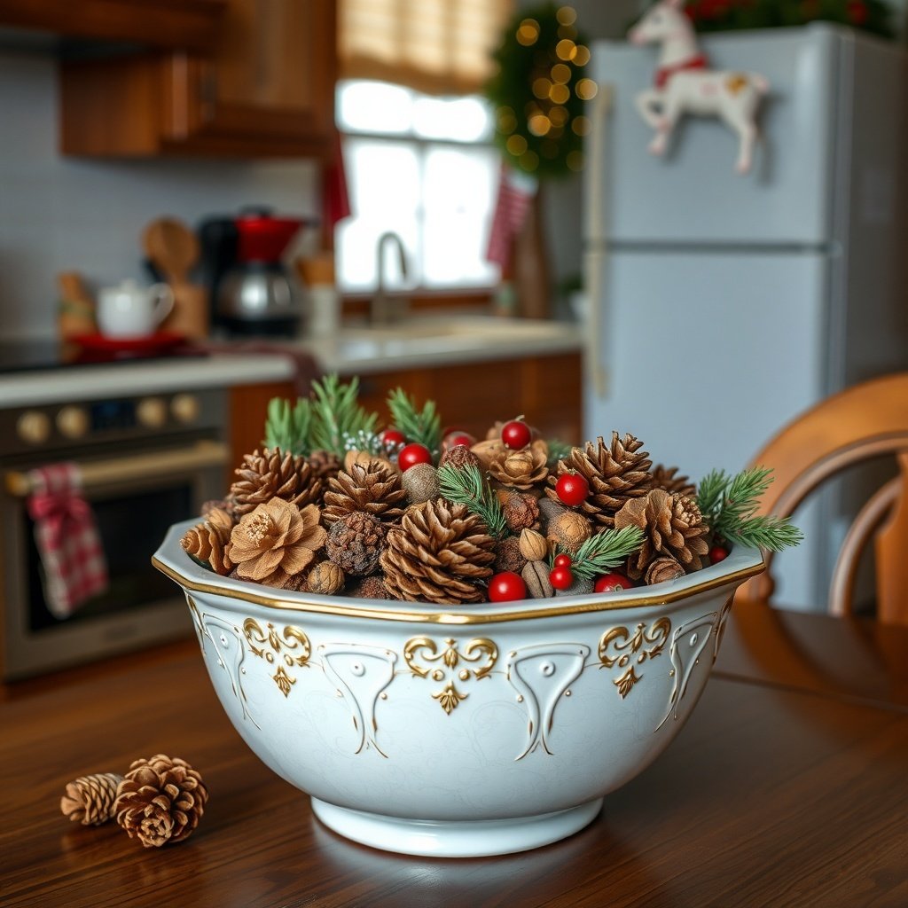 A decorative bowl filled with pinecones, berries, and greenery, set in a cozy kitchen.