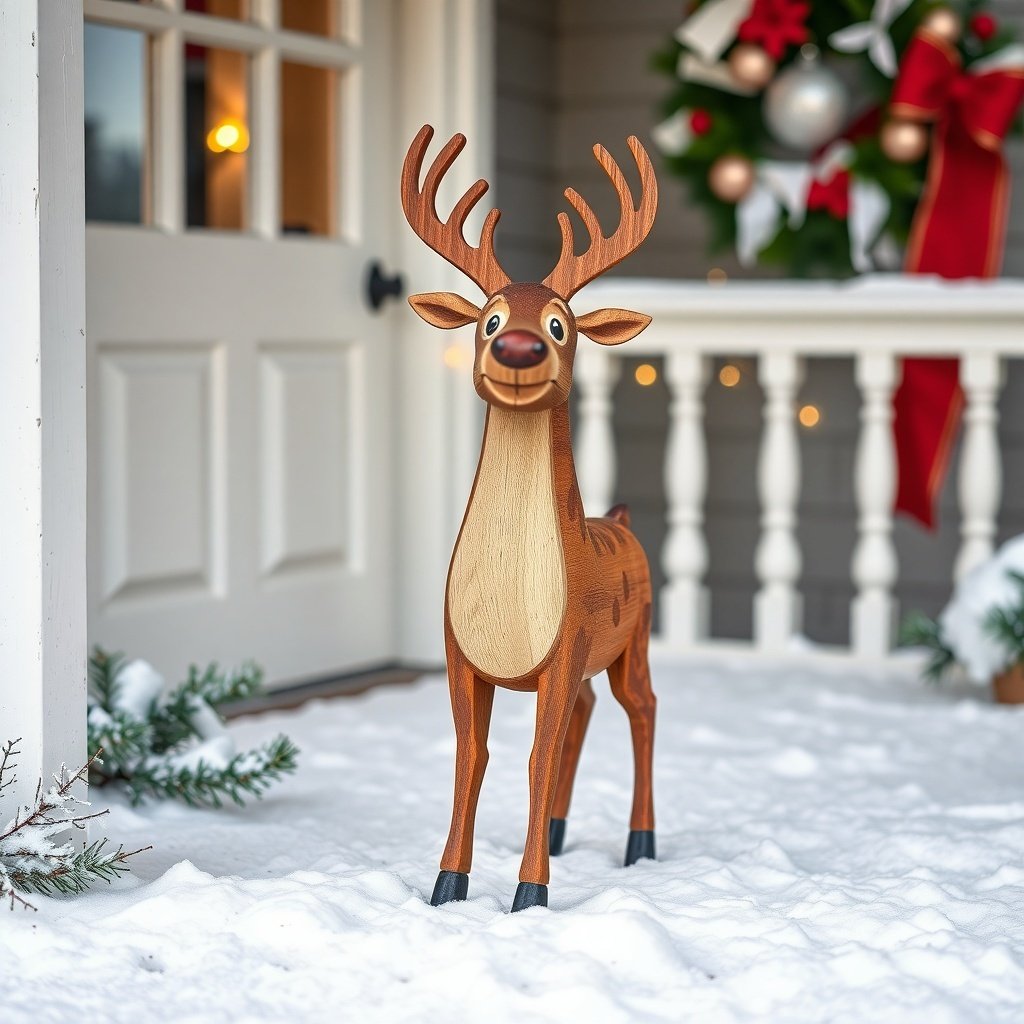 A wooden reindeer figure standing on a snowy porch, surrounded by holiday decor.