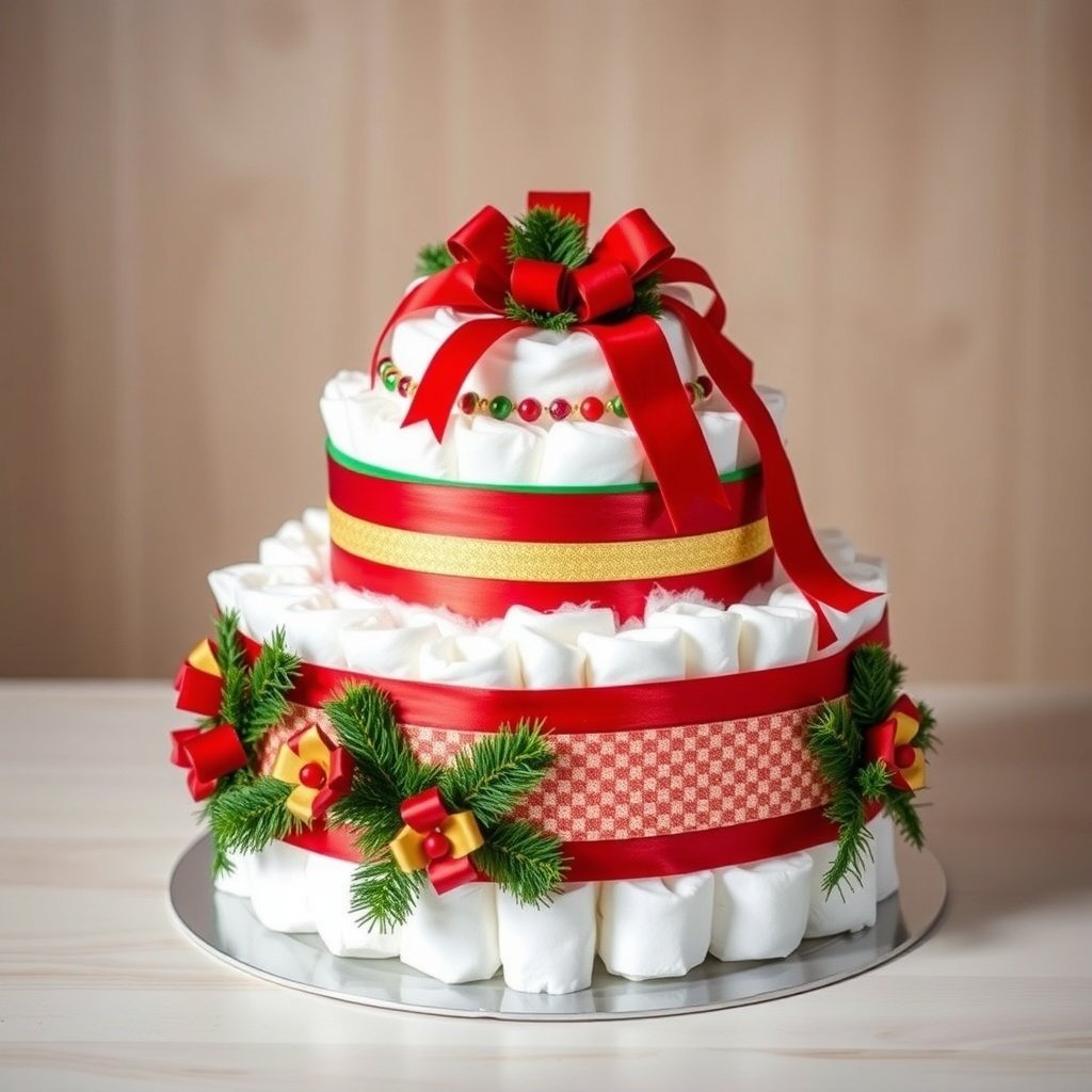 A beautifully decorated Christmas diaper cake featuring red and green ribbons, small ornaments, and faux pine.