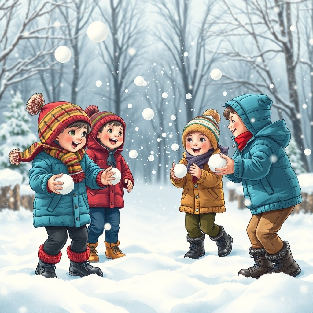 Kids playing in the snow, having a snowball fight in colorful winter clothing.