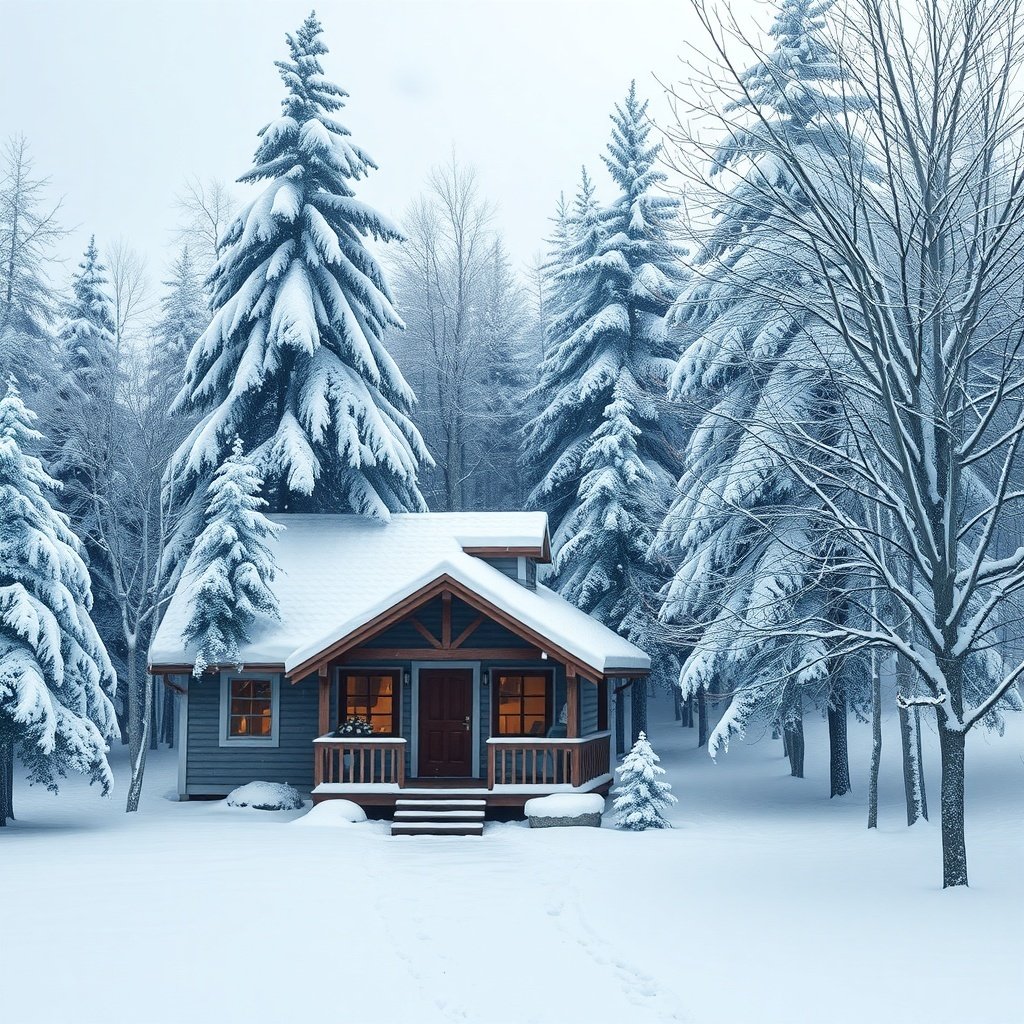 A cozy cabin in a snowy forest, surrounded by tall trees.