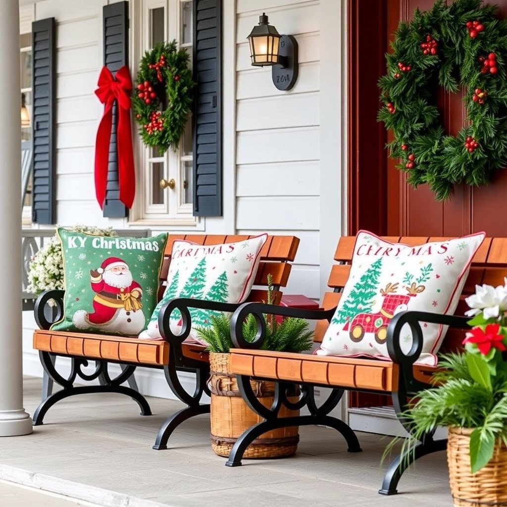A cozy porch decorated for Christmas with holiday-themed pillows featuring Santa and a Christmas truck, surrounded by wreaths and festive decor.
