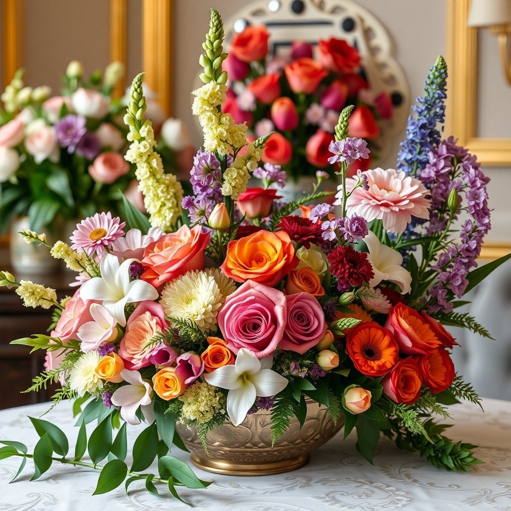 A beautiful floral arrangement featuring roses, lilies, and colorful flowers in a decorative vase.