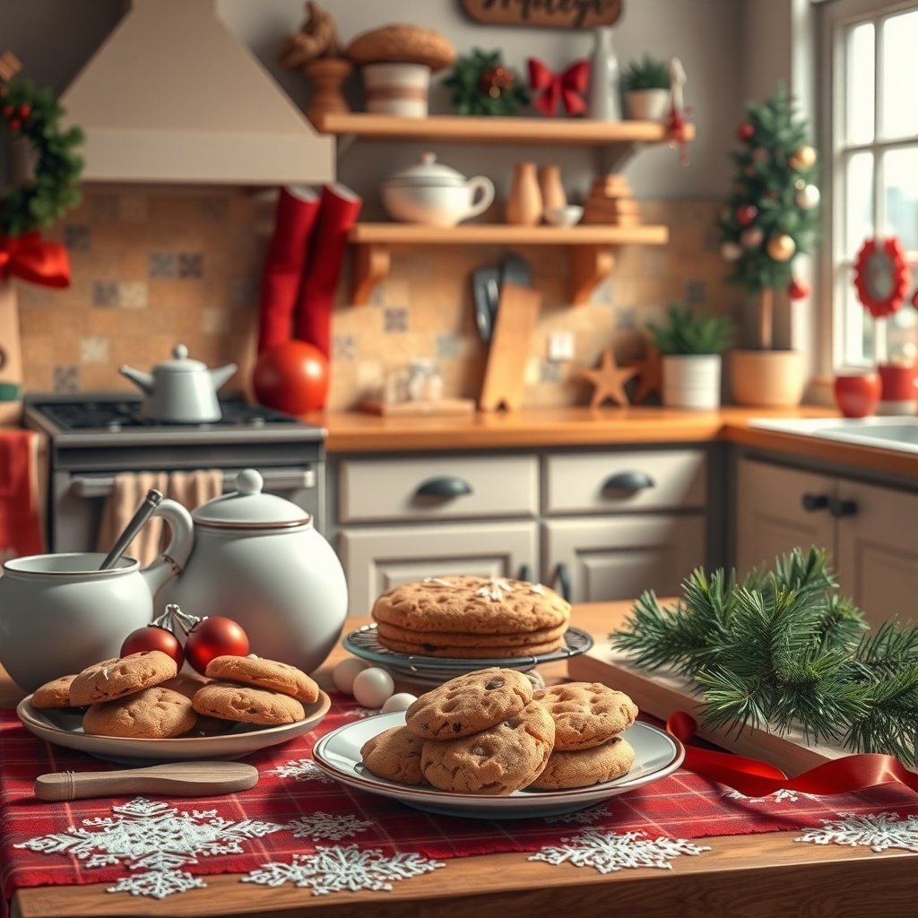 A cozy kitchen decorated for the holidays, featuring freshly baked cookies on a festive table.