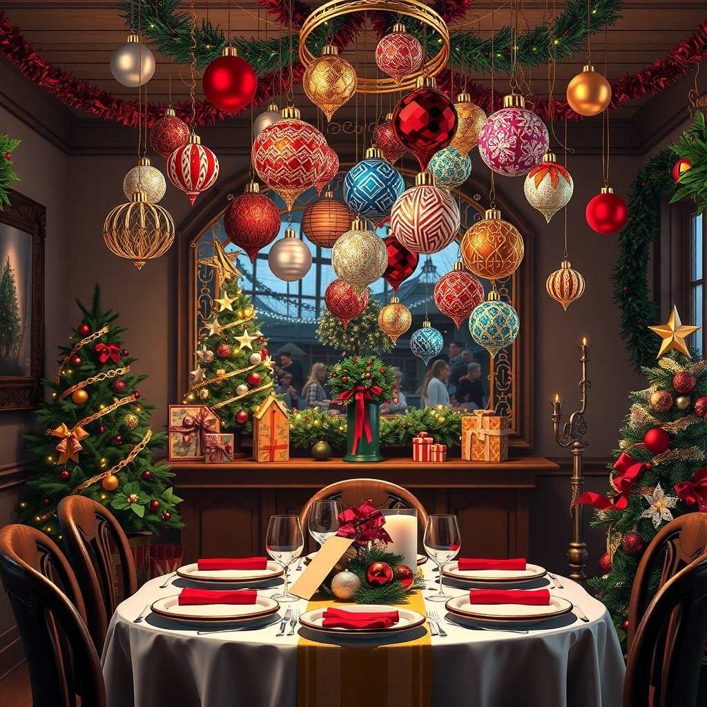 A beautifully decorated Christmas table with hanging ornaments above, featuring colorful decorations and a festive atmosphere.