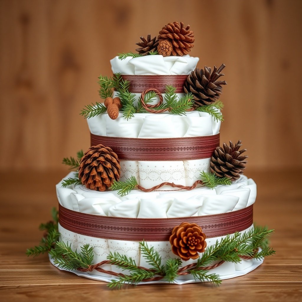 A beautifully arranged Christmas diaper cake featuring layers of white fabric, brown ribbons, pinecones, and greenery.