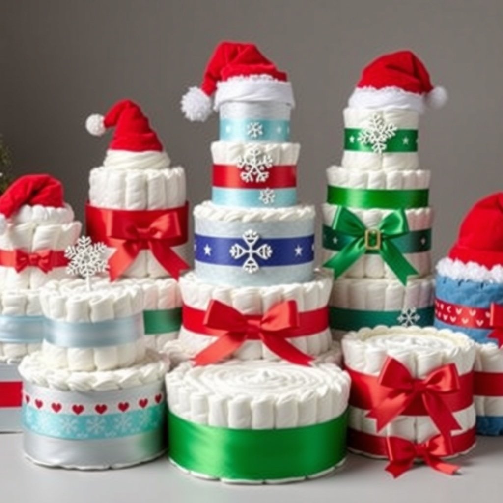 A collection of Christmas-themed diaper cakes decorated with ribbons and Santa hats.