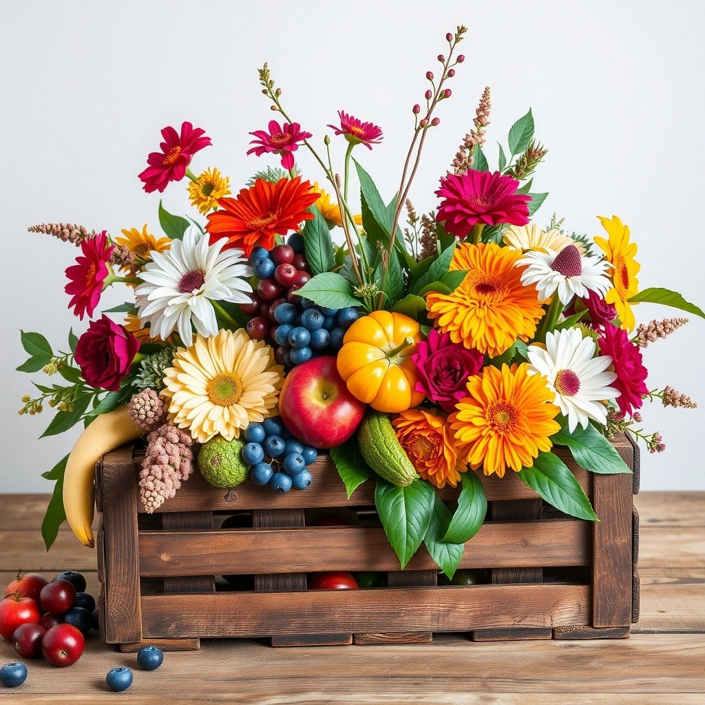 A vibrant rustic wooden crate arrangement filled with colorful flowers and fresh fruits.