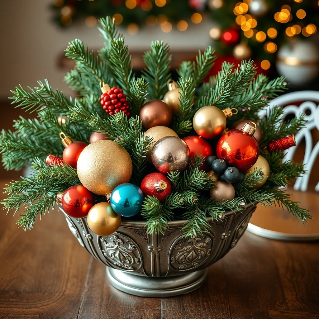 A festive centerpiece featuring colorful ornaments and evergreen branches in a decorative bowl.