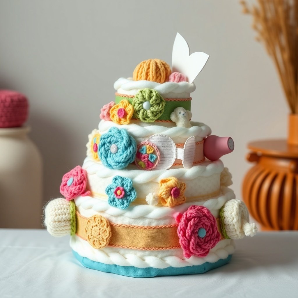 A colorful Christmas diaper cake decorated with handmade flowers and yarn balls.