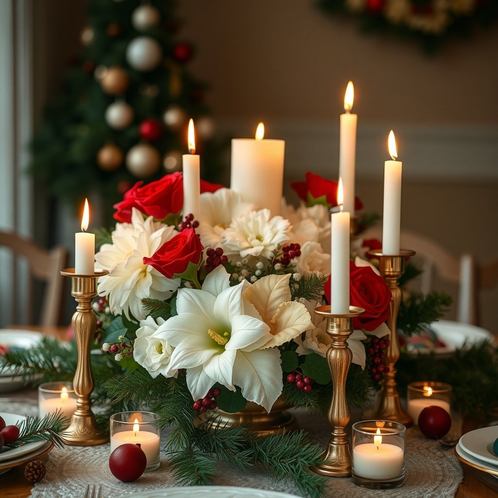 A beautifully arranged Christmas table centerpiece featuring red roses, white lilies, and candles.
