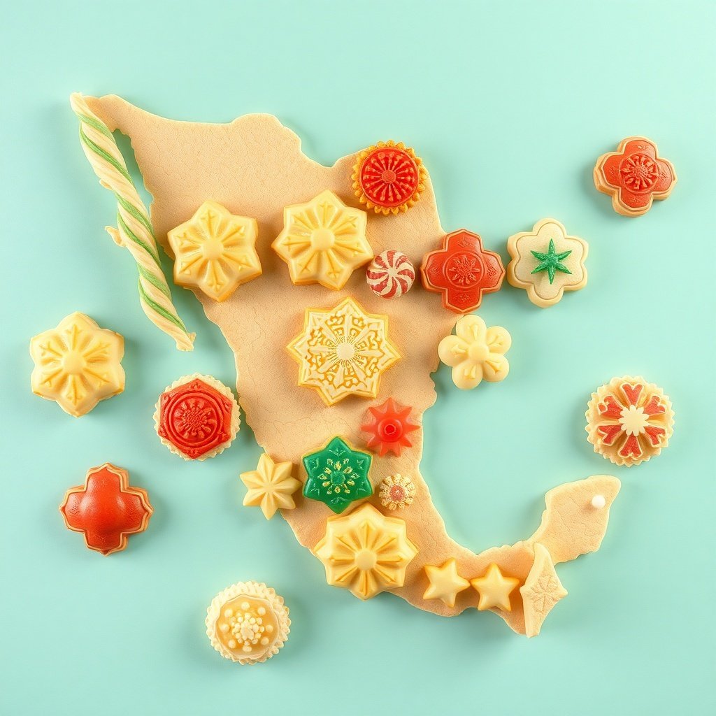 30 Delightful Mexican Wedding Cookie Recipes to Sweeten Your Celebrations A colorful display of Mexican wedding cookies shaped like flowers and stars, arranged on a map of Mexico.