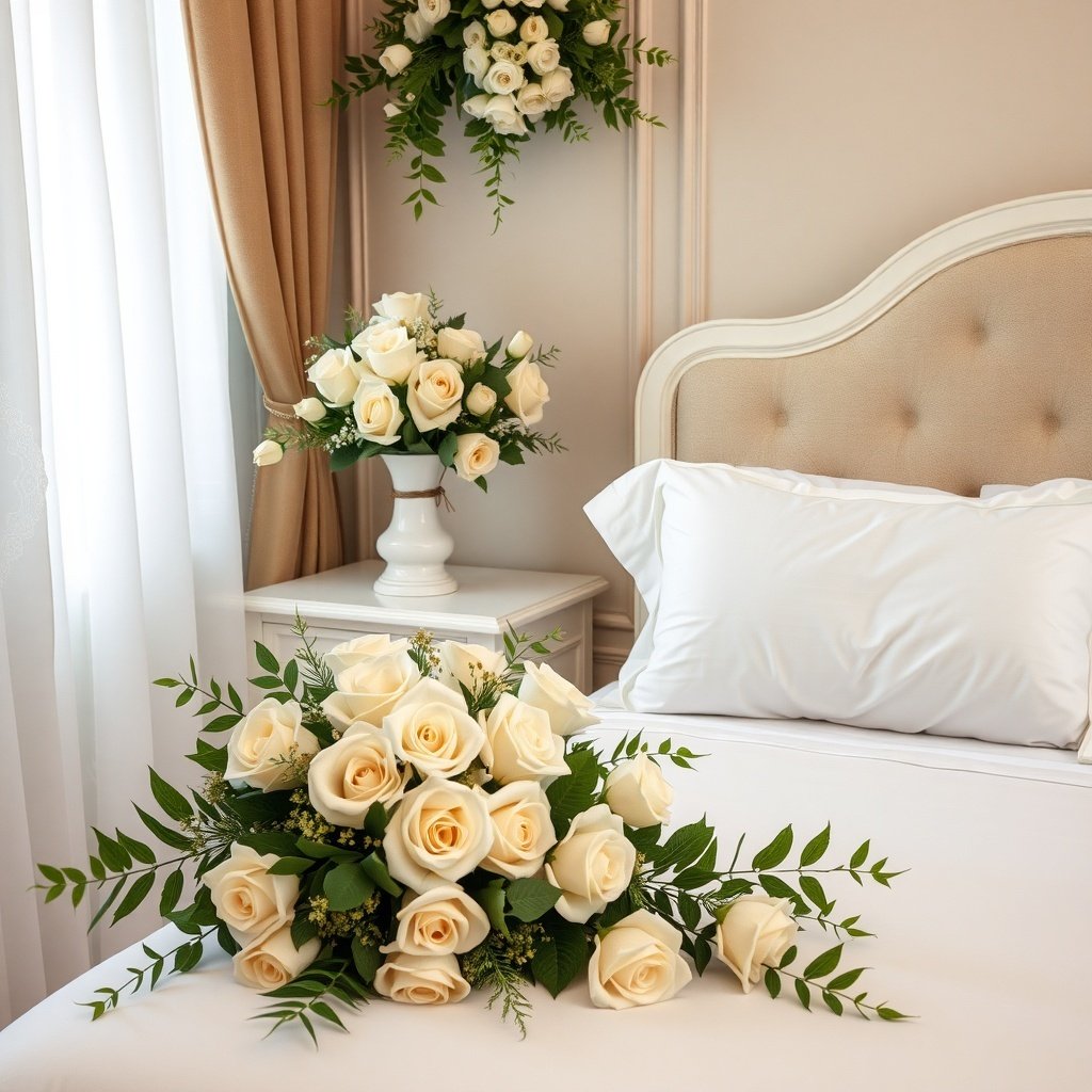 Elegant floral arrangements featuring white roses in a wedding night room