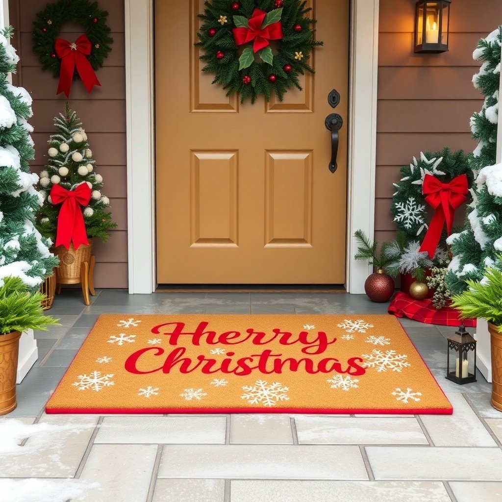 A festive doormat that says 'Merry Christmas' in front of a decorated porch with wreaths and Christmas trees. Christmas Porch Decor